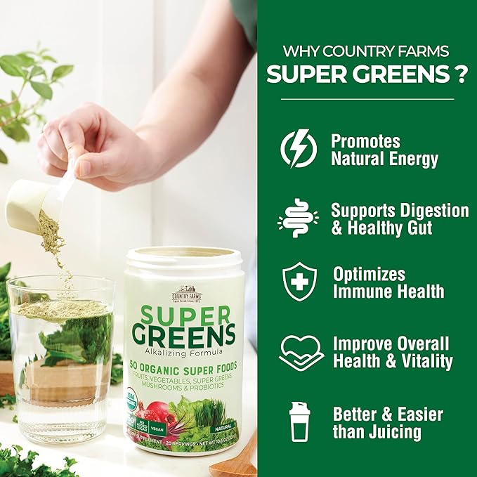 Country Farms Organic Super Greens – 50 Superfoods with Fiber, Mushrooms, Probiotics & Antioxidants – USDA Organic Greens Powder – Natural Flavor Drink Mix