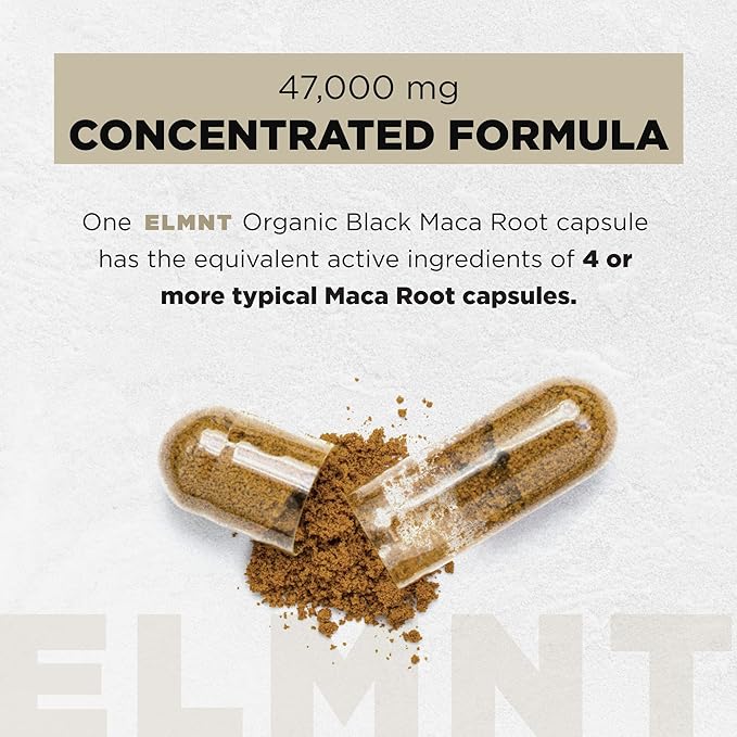 ELMNT Black Maca Root 40,000mg – 40x Strength with Ashwagandha – Organic Peruvian Maca Capsules for Men, Energy & Vitality – Non-GMO, Gluten-Free – 60 Capsules