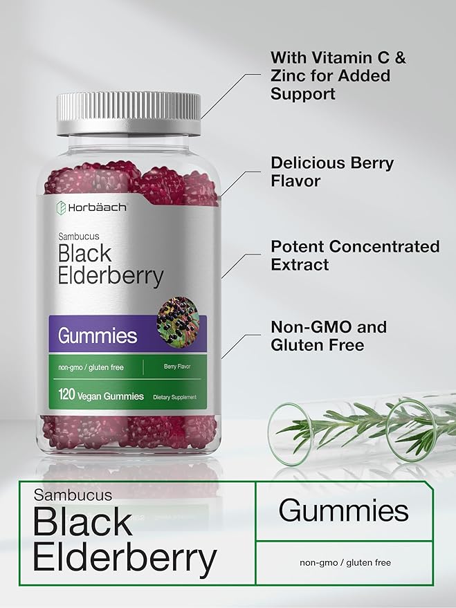 Horbaach Black Elderberry Gummies – Sambucus Extract with Zinc & Vitamin C – Immune Support – Berry Flavor – Vegan, Non-GMO, Gluten-Free – 120 Gummies