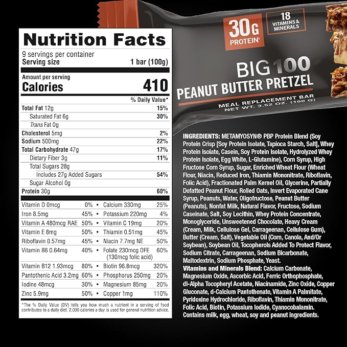 MET-Rx Big 100 Colossal Protein Bars – Peanut Butter Pretzel, Pack of 9, 100g Each