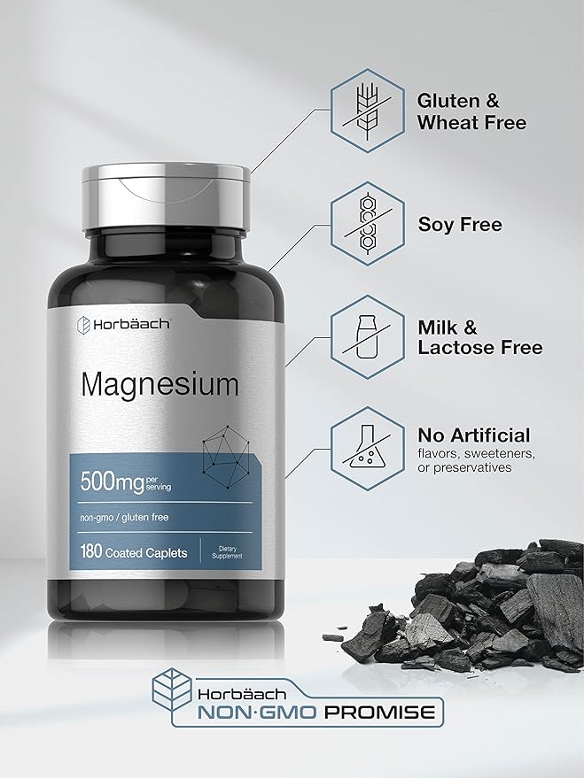 Horbäach Magnesium 500mg – Muscle, Nerve & Bone Support – 180 Vegetarian Caplets – Non-GMO, Gluten Free