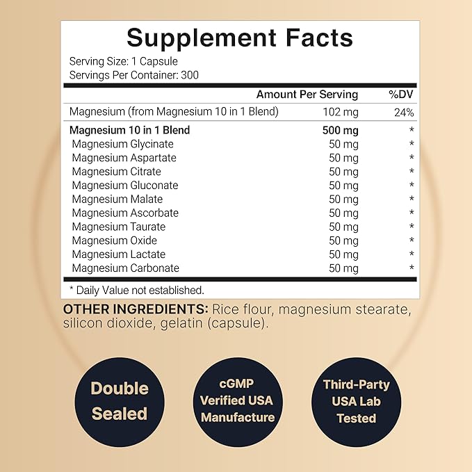 Magnesium Complex 500mg – Glycinate, Citrate, Malate & More – Chelated Bone, Heart & Muscle Support – 300 Capsules
