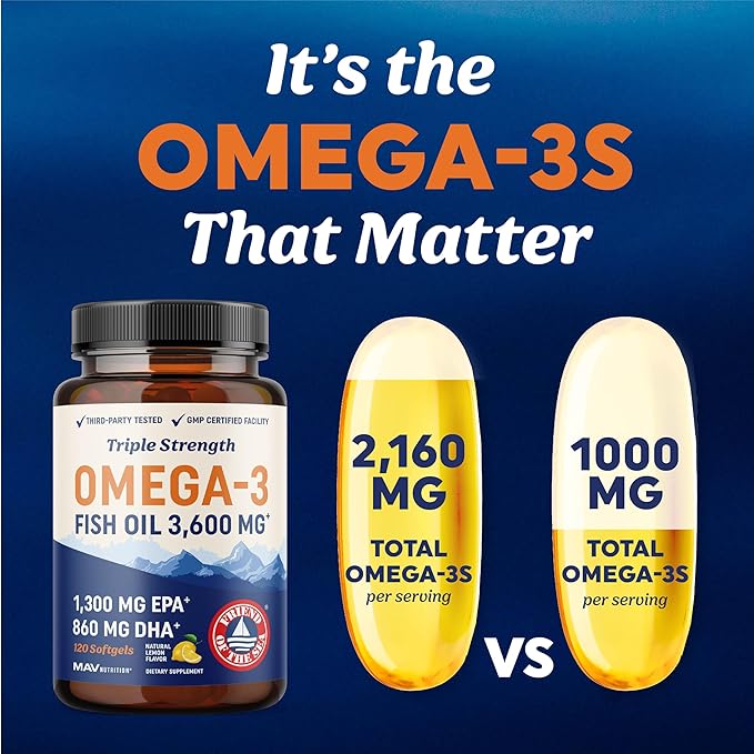 Triple Strength Omega-3 Fish Oil 3600mg – High EPA 1300mg & DHA 860mg – Wild-Caught, Burpless, Ultra-Refined – Non-GMO, Gluten-Free – 120 Softgels