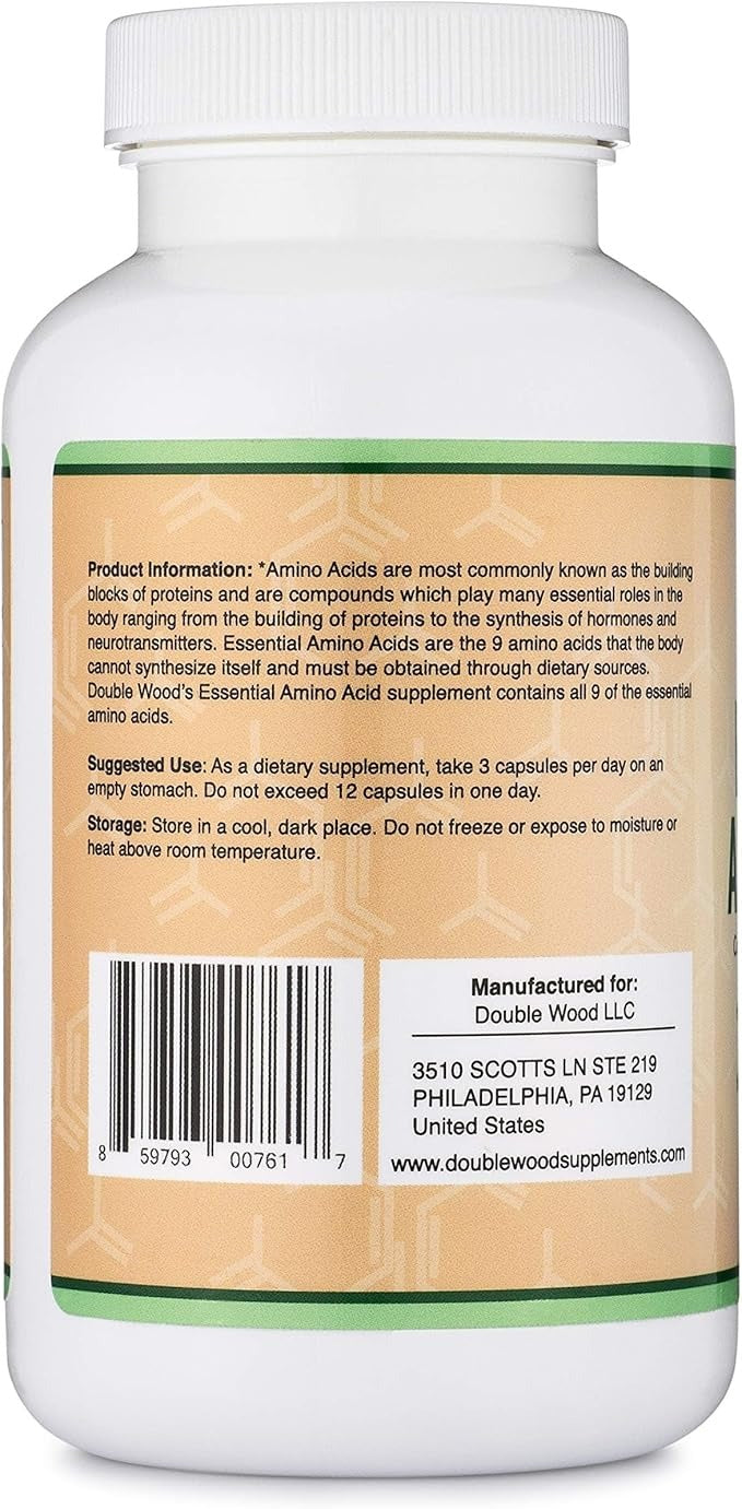 Double Wood Essential Amino Acids & BCAAs – 1 Gram Per Serving, 225 Capsules, Gluten-Free