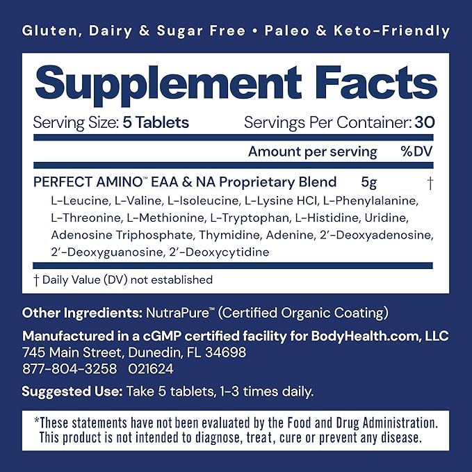 BodyHealth PerfectAmino – Essential Amino Acids Supplement with BCAAs, 150 Easy-to-Swallow Tablets, Vegan Protein for Muscle Recovery
