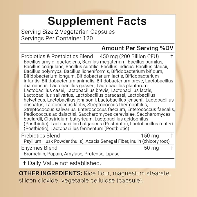 Probiotic 200 Billion CFU with 40 Strains, Prebiotics, Digestive Enzymes & Fiber – Gut Health & Bloating Support – Non-GMO, Gluten-Free – 240 Veggie Capsules