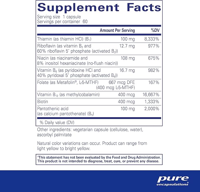 Pure Encapsulations B-Complex Plus – Neurological, Heart & Energy Support – With B12 & Metafolin® – 60 Capsules