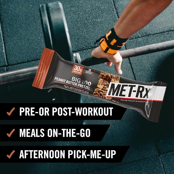 MET-Rx Big 100 Colossal Protein Bars – Peanut Butter Pretzel, Pack of 9, 100g Each