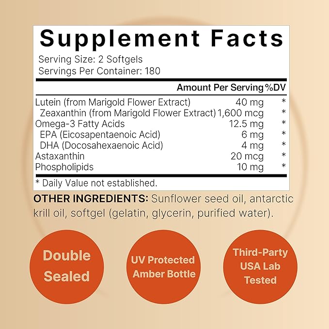 Lutein 40mg + Zeaxanthin 1600mcg – 4-in-1 Eye Support with Astaxanthin, Omega-3, Phospholipids & Marigold Extract – Non-GMO, Gluten-Free – 360 Softgels (Value Size)