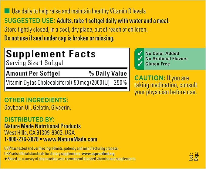 Nature Made Vitamin D3 2000 IU – Bone, Immune & Muscle Support – 250 Softgels – USP Verified
