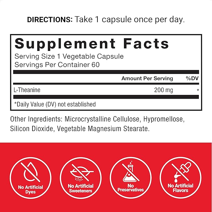 Force Factor L-Theanine 200mg – Extra Strength Stress Relief & Focus – Non-Drowsy, Vegan, Non-GMO, Made in USA – 60 Capsules