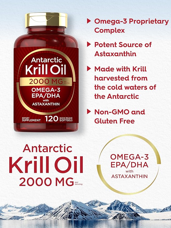 Carlyle Antarctic Krill Oil 2000mg – Omega-3 EPA, DHA & Astaxanthin – Heart, Joint & Brain Support – Non-GMO, Gluten-Free – 120 Softgels