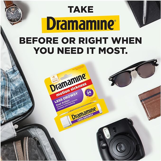 Dramamine All Day Less Drowsy – Motion Sickness Relief Tablets, 8 Count