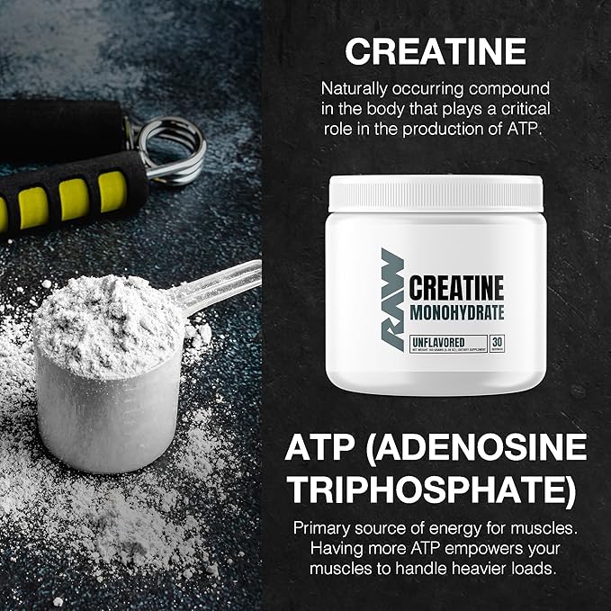 RAW Nutrition Creatine Monohydrate Powder – Unflavored, Micronized, 30 Servings