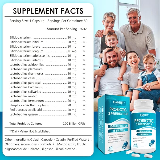 CANLIST Probiotics 120 Billion CFUs with 18 Strains, Prebiotics & Digestive Enzymes – Gut, Immune & Bloating Support – Non-GMO, Gluten-Free – 60 Capsules