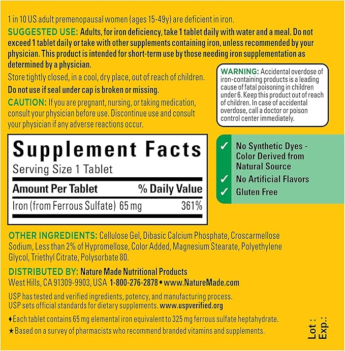 Nature Made Iron 65mg (325mg Ferrous Sulfate) – Red Blood Cell & Energy Support – 180 Tablets