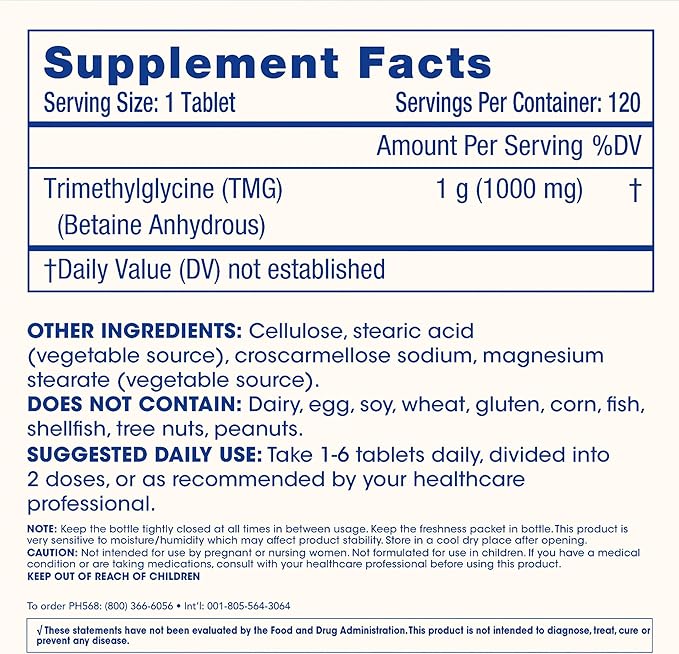 ProHealth Longevity TMG Supplements – Betaine Anhydrous, 1,000 mg, 120 Tablets, Methylation Support