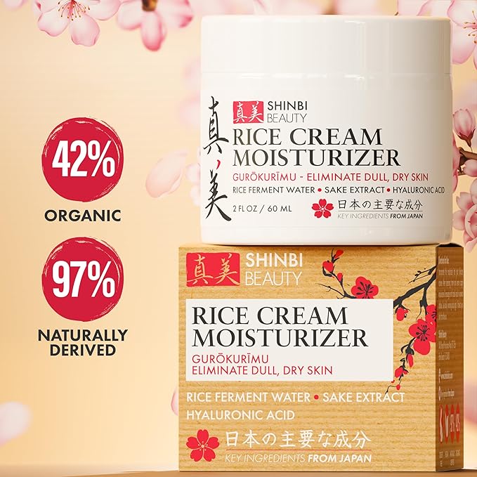 Shinbi Beauty Japanese Rice Cream Moisturizer – Rice Ferment & Sake Extract – Lightweight, Brightening, Hydrating Face Cream – J-Beauty, Natural, Non-Greasy – 2oz