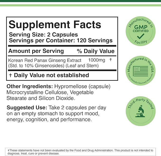 Double Wood Korean Red Panax Ginseng 1000mg – Mood, Cognitive Function & Energy Support – Non-GMO, Gluten-Free, Vegan – 240 Capsules
