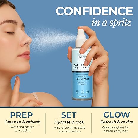 Clear Beauty Hyaluronic Acid & Collagen Face Mist – Moisturizing, Anti-Aging, 95% Natural, Dermatologist Tested, Cruelty-Free, 4 oz