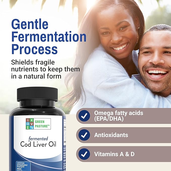 Green Pasture Fermented Cod Liver Oil – Orange Flavor – High in Vitamins A & D, Omega-3 EPA & DHA – Immune, Heart & Joint Support – Non-GMO, Gluten-Free – 120 Capsules