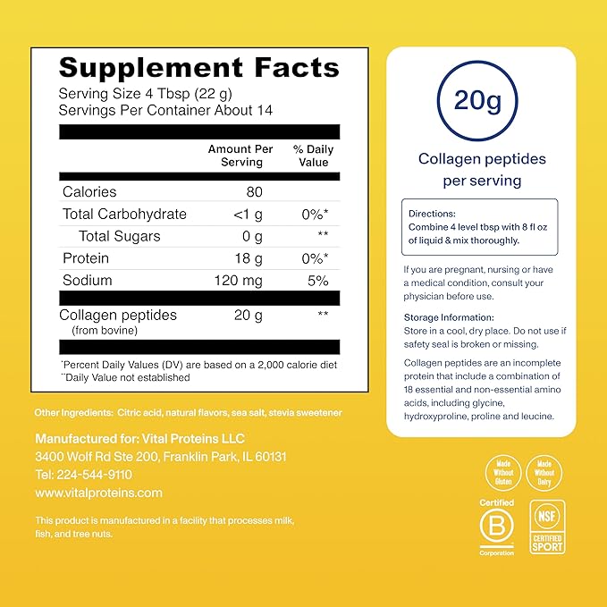 Vital Proteins Collagen Peptides Powder – Lemon Flavor – Grass-Fed, Sugar-Free Collagen for Hair, Skin, Joints & Bones – Keto & Paleo – 14 Servings