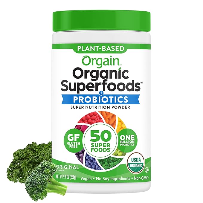 Orgain Organic Greens Powder – 50 Superfoods + Probiotics – Plant-Based, Vegan, Non-GMO Green Juice Mix – 0.62 lb