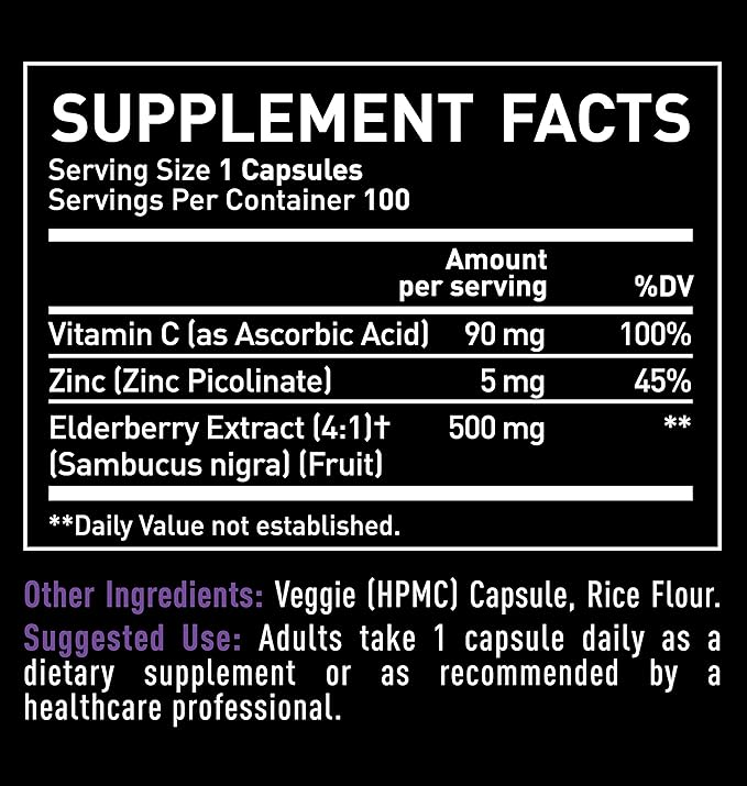 Zeal Naturals Elderberry Capsules with Vitamin C & Zinc – 500mg Sambucus Extract – Max Strength 3-in-1 Immune Support – Non-GMO, Gluten-Free – 100 Capsules