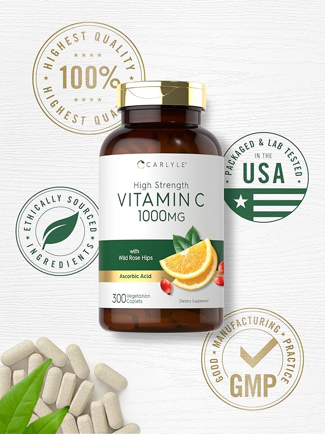 Carlyle Vitamin C 1000mg – High Strength, Immune & Antioxidant Support – Rose Hips – 300 Vegetarian Caplets – Non-GMO, Gluten Free