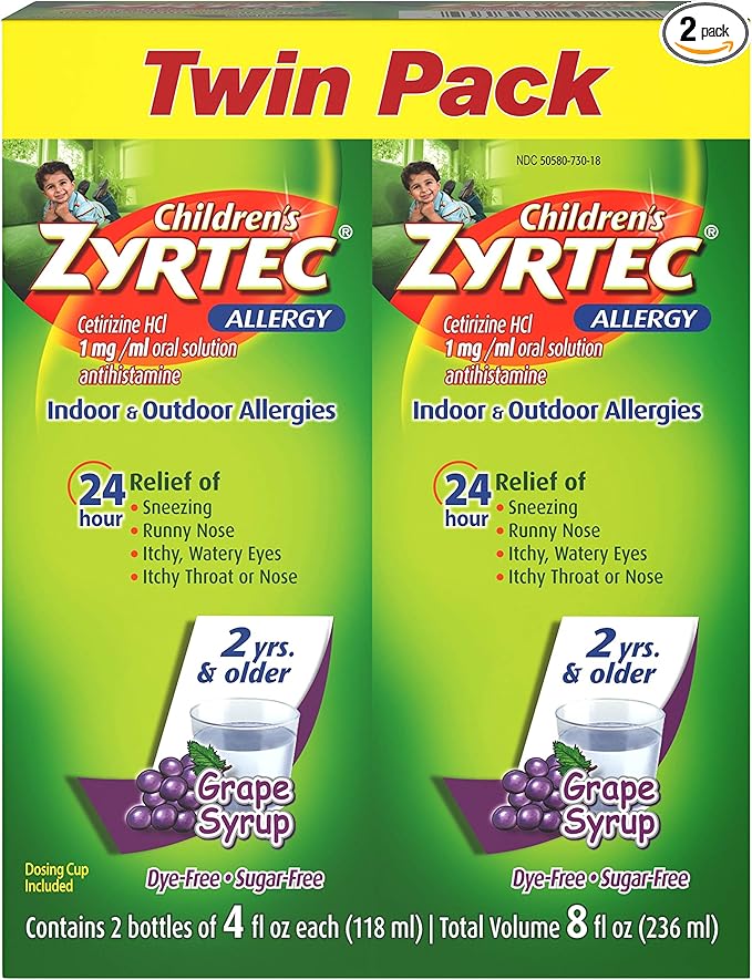 Zyrtec Children’s Allergy Syrup 24 Hour Relief – Sugar-Free Grape Flavor, Cetirizine HCl 5mg per 5mL, Dye-Free, Twin Pack (2 x 4 fl oz)