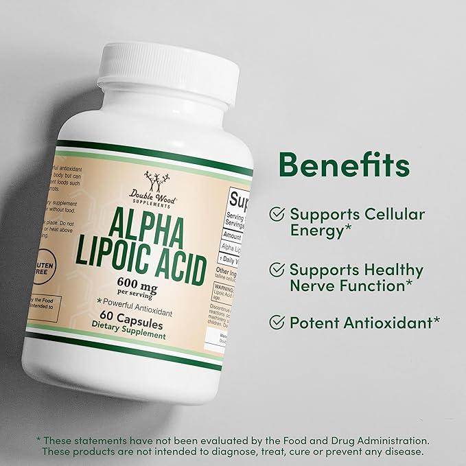 Double Wood Alpha Lipoic Acid 600mg – Antioxidant for Nerve & Cardiovascular Health – Vegan, Non-GMO, Gluten-Free – 60 Capsules