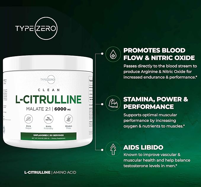 Type Zero L-Citrulline Malate Powder 2:1 6X – 300g, 6000mg Per Serving, Unflavored, Nitric Oxide Booster