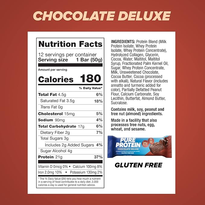 Pure Protein Bars, Chocolate Deluxe – High Protein, Low Sugar, Gluten Free, Nutritious Snack, 12 Count