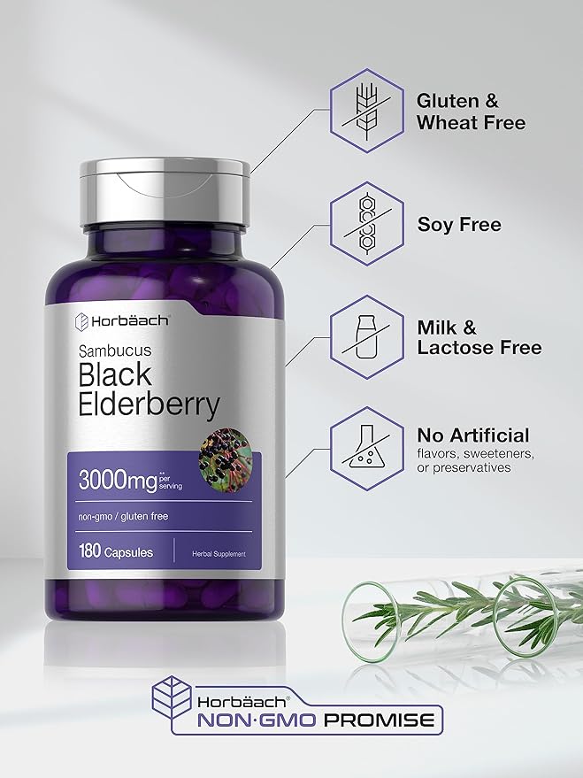 Horbäach Black Elderberry Capsules – 3000mg Sambucus Extract – Immune Support – Non-GMO, Gluten-Free – 180 Quick Release Capsules