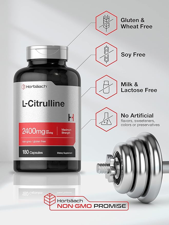 Horbaach L Citrulline Supplement – 2400mg, 180 Capsules, Maximum Strength, Non-GMO, Gluten-Free