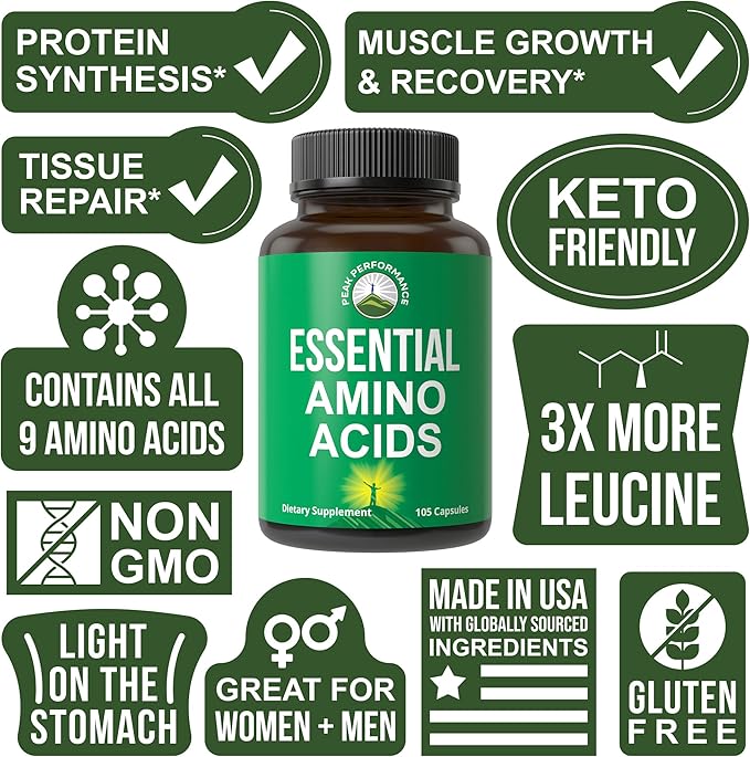 All 9 Essential Amino Acids Supplement – Capsules with 3X More Leucine, USA Tested, Muscle Recovery & Growth Support