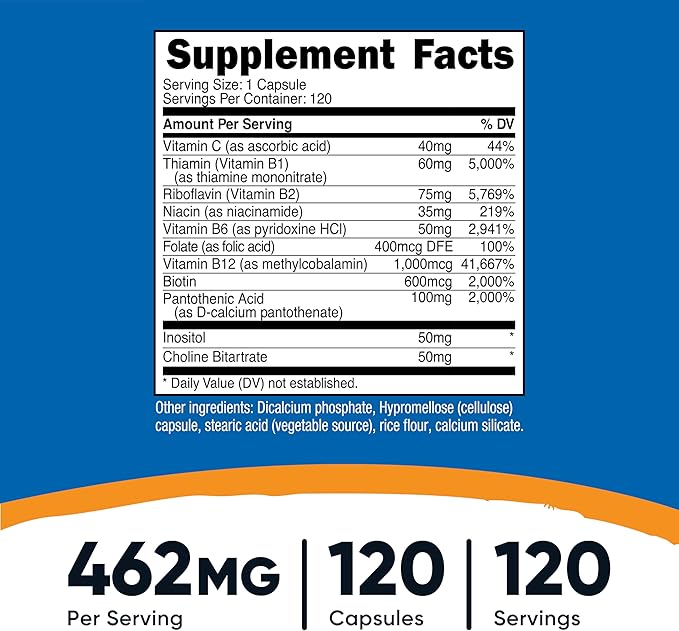 Nutricost High Potency B Complex 462mg with Vitamin C – Energy & Immune Support – 120 Capsules