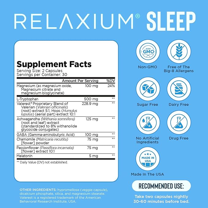 Relaxium Sleep Aid for Adults – 5mg Melatonin, Magnesium, Ashwagandha, GABA & Valerest® – Non-Habit Forming Natural Sleep Supplement – 60 Capsules