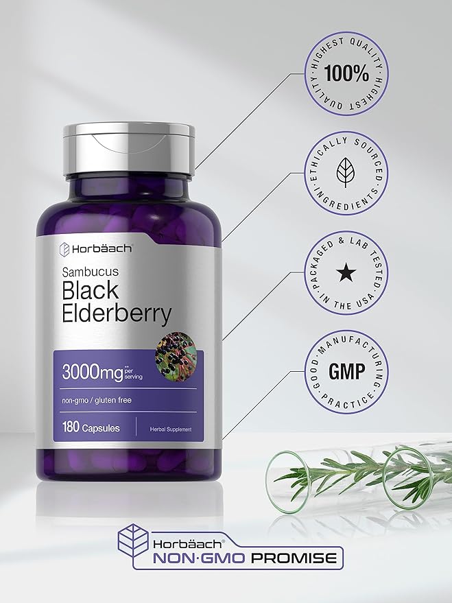 Horbäach Black Elderberry Capsules – 3000mg Sambucus Extract – Immune Support – Non-GMO, Gluten-Free – 180 Quick Release Capsules