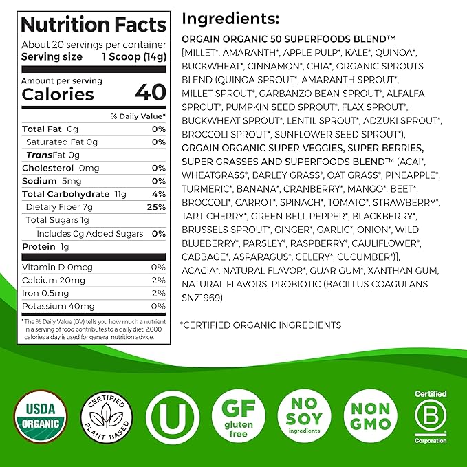 Orgain Organic Greens Powder – 50 Superfoods + Probiotics – Plant-Based, Vegan, Non-GMO Green Juice Mix – 0.62 lb