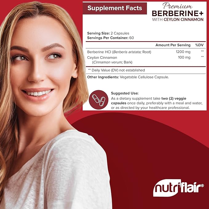 NutriFlair Premium Berberine HCL 1200mg with True Ceylon Cinnamon – Blood Sugar, Heart & Metabolic Support – Vegan, Non-GMO, Gluten-Free – 120 Capsules