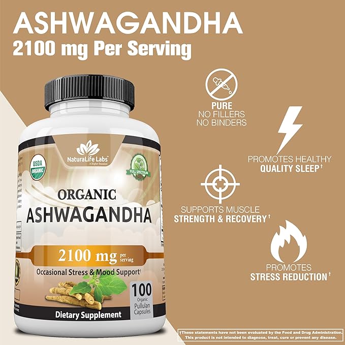 Organic Ashwagandha 2,100mg – High Potency Root Extract & Powder – Stress, Mood & Energy Support – Vegan, Non-GMO, Gluten-Free – 100 Capsules