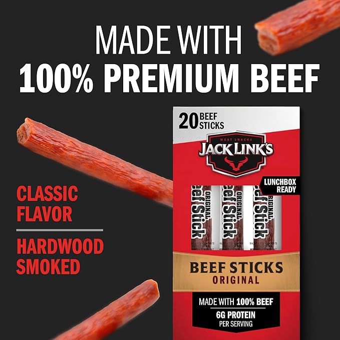 Jack Link's Beef Sticks – Original, 6g Protein, Keto-Friendly Meat Snack, 20 Count, 0.92 oz Each