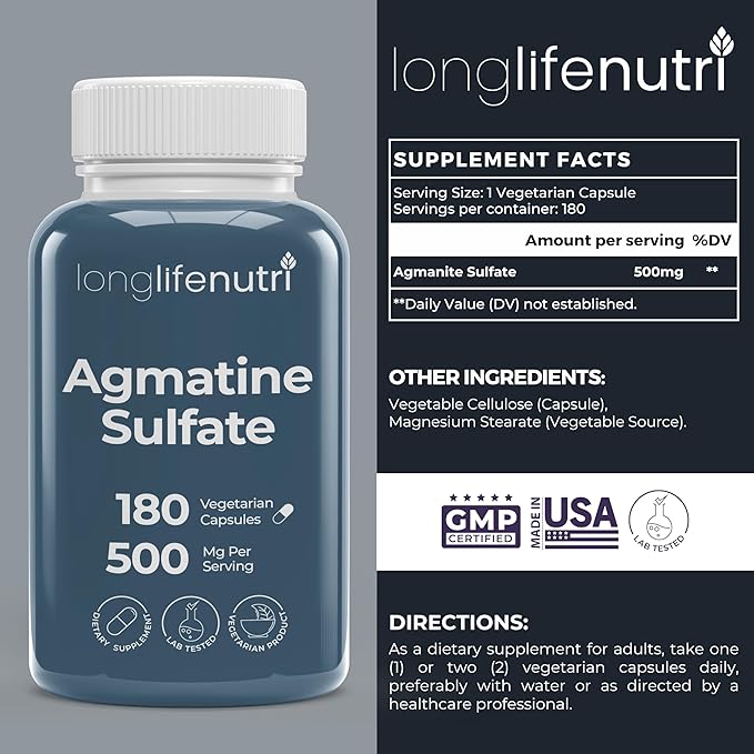 Agmatine Sulfate – 500 mg, 180 Vegetarian Capsules, 6-Month Supply, Made in USA