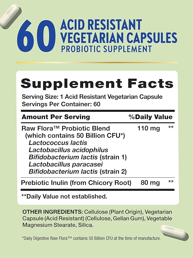 Nature's Truth Raw Flora Probiotic 50 Billion CFU with Prebiotic Inulin – Gut & Digestive Health – Non-GMO, Gluten-Free, Vegetarian – 30 Capsules