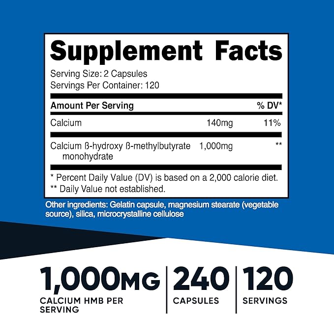 Nutricost HMB (Beta-Hydroxy Beta-Methylbutyrate) – 1000mg, 240 Capsules, 120 Servings, Gluten-Free, Non-GMO