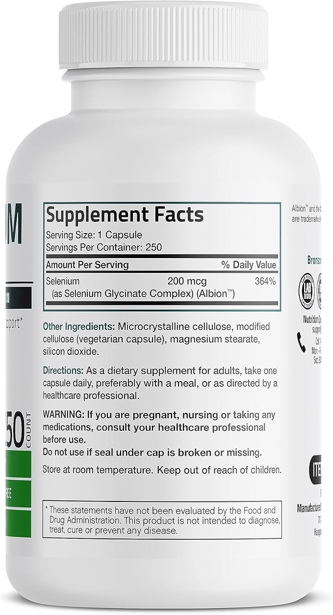 Bronson Selenium 200mcg – Yeast Free Chelated Immune & Thyroid Support – 250 Vegetarian Capsules