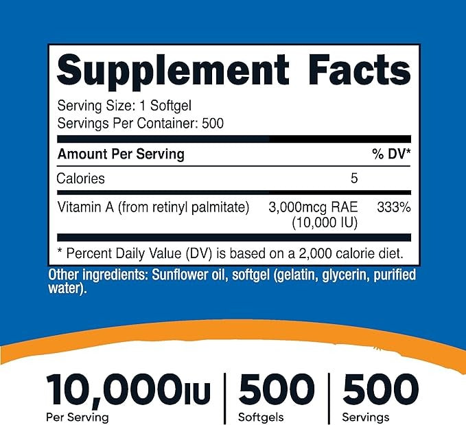 Nutricost Vitamin A 10,000 IU – Vision, Immune & Skin Support – 500 Softgels – Non-GMO, Gluten Free