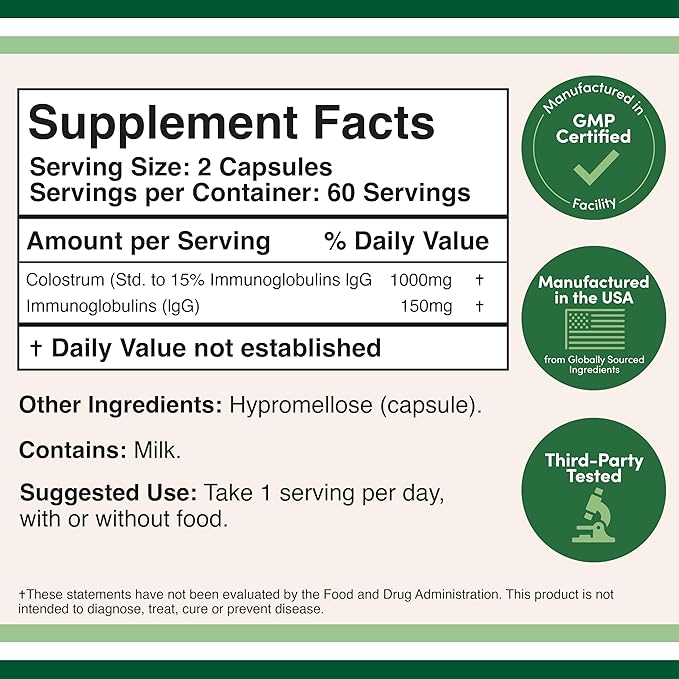 Double Wood Colostrum Supplement – 1000mg Bovine Colostrum from First Milking – 15% IgG Immune & Gut Support – Non-GMO, Gluten-Free – 120 Capsules (2-Month Supply)