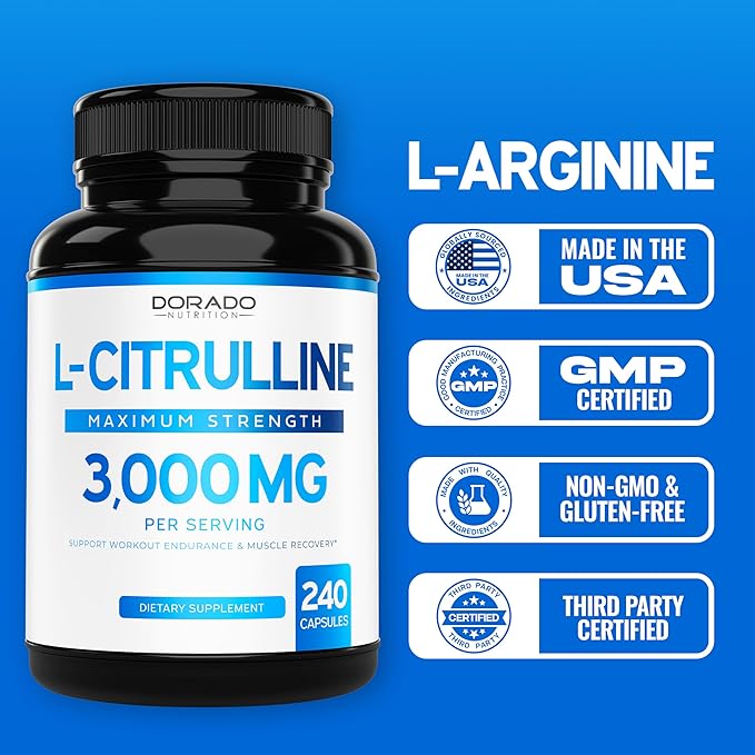 DORADO NUTRITION L Citrulline 3000mg Supplement – 240 Capsules, Supports L-Arginine & Nitric Oxide, Vegan & Non-GMO, USA Made